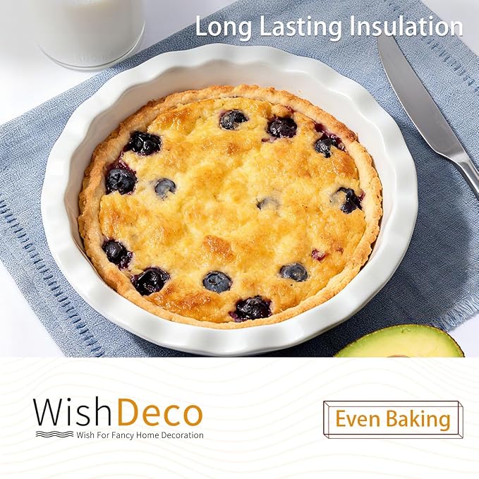 WishDeco Ceramic Pie Pan for Baking 23 cm / 9 inch, Deep Round Pie Dish 1500 ml / 50 oz, Pie Plate with Fluted Rim, Porcelain Baking Dish for Apple Pie, Quiche, Tart, Cake Oven & Microwave Safe