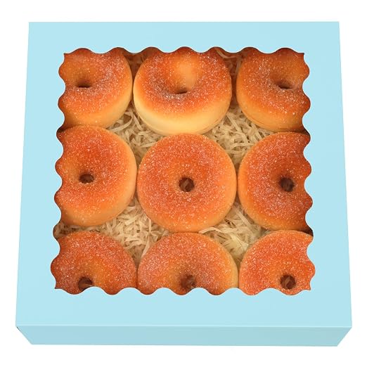 qiqee Auto-pop Up Light Blue Pastry Box With Window 8x8x2.5 Inch Donut Pie Boxes 30pcs Bakery Box