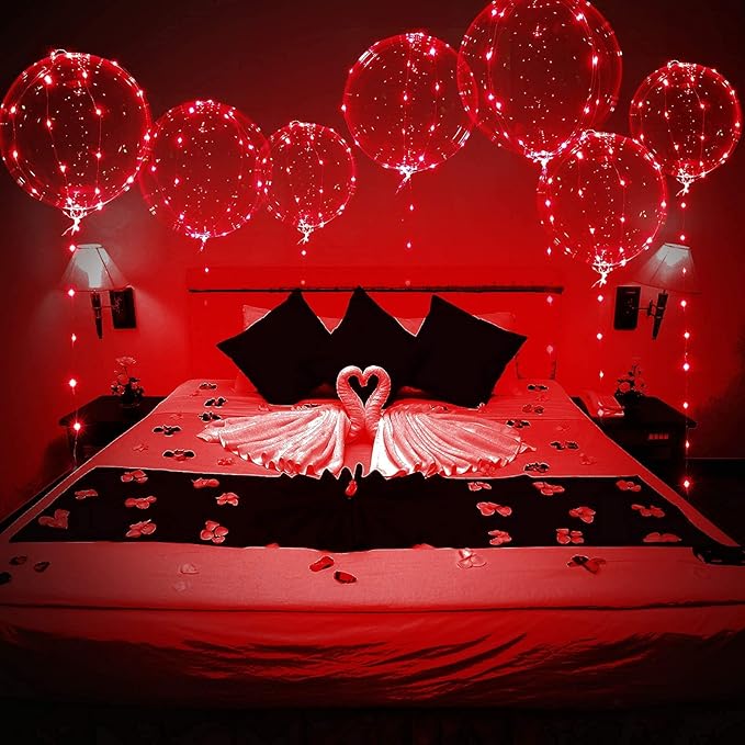 Weewooday Lighted up Balloons, 7 Packs 20 Inch Valentines Bobo Balloons with 10ft LED String Lights for Valentines Day Wedding Christmas Birthday Decoration(Red)