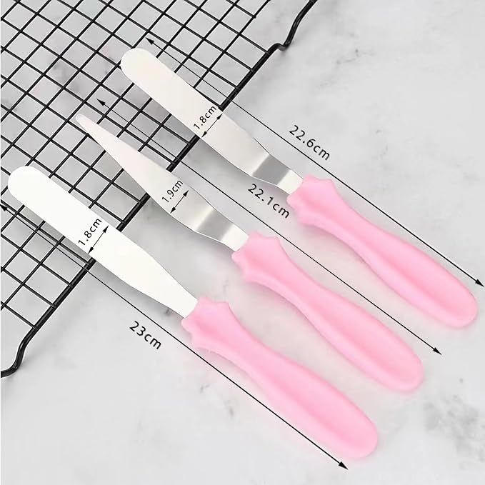 Cake Cream Spatulas, 3 Pieces of Cake Angled Spatula with Stainless Steel, Professional Cake Decorating, Pastry & Baking, Icing Frosting Cream Chocolate Cake Spatula (3pcs Pink)