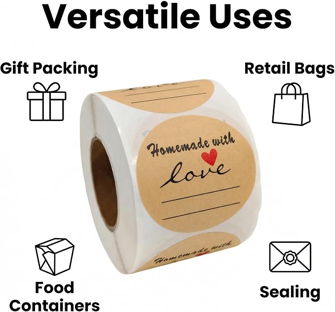 2 Inch Natural Brown Kraft Stickers (500 Per Roll), Homemade with Love Sticker with Lines for Writing (Permanent Adhesive) for Store Owners, Crafts, Organizing, Jar and Canning Labels
