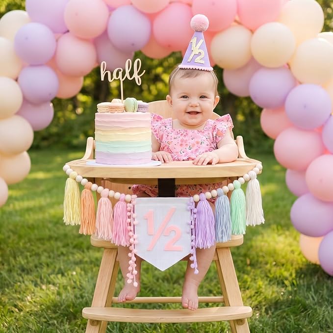CWK Half Birthday Decorations for Baby, 1/2 Birthday High Chair Banner with Cone Hat & Cake Topper, Half Way to One Party Kit, Photo Props for 6 Month Baby Birthday(Macaron)