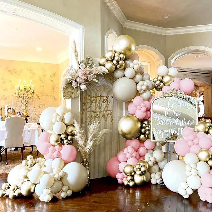 Pink White Gold Balloon Garland Arch Kit, 160Pcs Pastel Pink Matte White Metallic Gold Balloons for Girls Birthday Baby Shower Wedding Bridal Shower Party Decorations