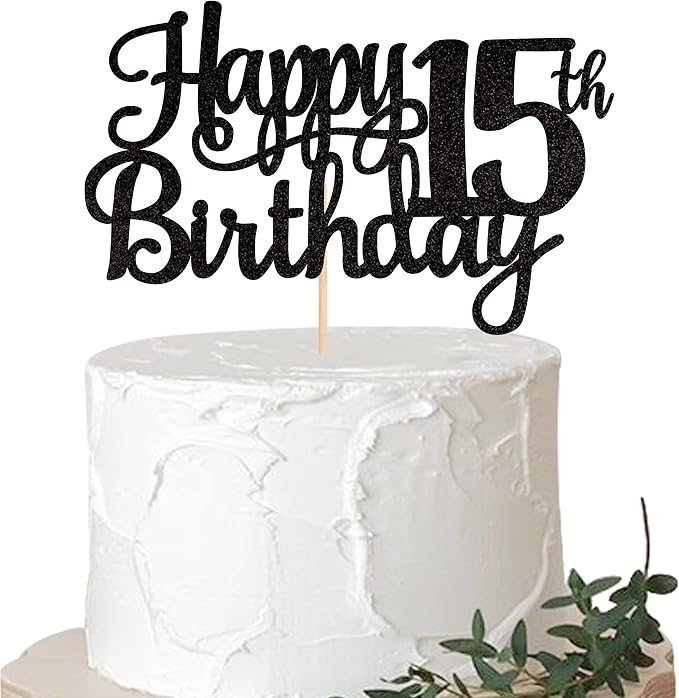 1 PCS Happy 15th Birthday Cake Topper Glitter Cheers to 15 Years Birthday Cake Pick Mis Quince 15 Fabulous Cake Decoration for Happy 15th Birthday Theme Party Decorations Supplies Black