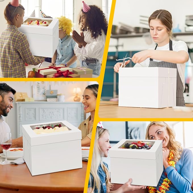 WINKIO 4 Pack Cake Boxes, Disposable Cake Transport Container, White Bakery Boxes with Large Window, for Cookies Pies Cupcakes Pastry (12×12×10)