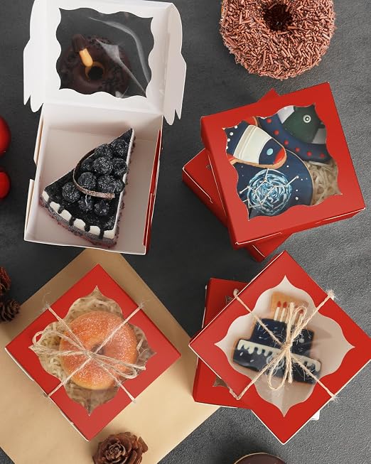 qiqee Red Bakery Box with Window 4x4x2.5 inch 30Packs Macaron Boxes Small Donut Pastry Boxes for Party Mini Cookie Boxes