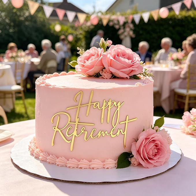 Happy Retirement Cake Topper, Gold Acrylic Officially Retired Cake Topper Cake Charm Decor, No Work Zone, Retirement Theme Party Cake Decoration Supplies for Women or Men, 5.1x4.0 Inches