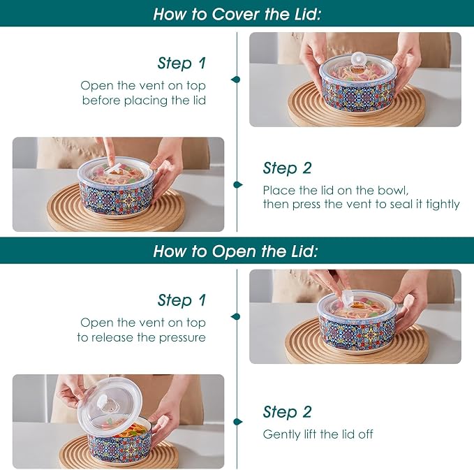 vancasso 36 oz Ceramic Bowls with Lids Set of 4, 6 Inch Food Storage Containers & Prep Bowls for Leftovers, Soup, Cereal, Meal Prep, Office Lunch, Microwave & Dishwasher Safe, Series SIMI