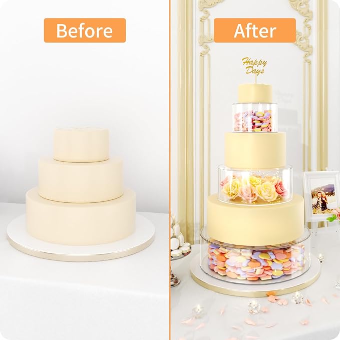 NPPLUS 3PCS Clear Acrylic Cake Stand, Fillable Cake Box Riser Cake Tier, Round Cake Display Box with Lid, Decorative Centerpiece Box for Wedding Birthday Party (14" Dx4 H,10" Dx4 H,6" Dx4 H)