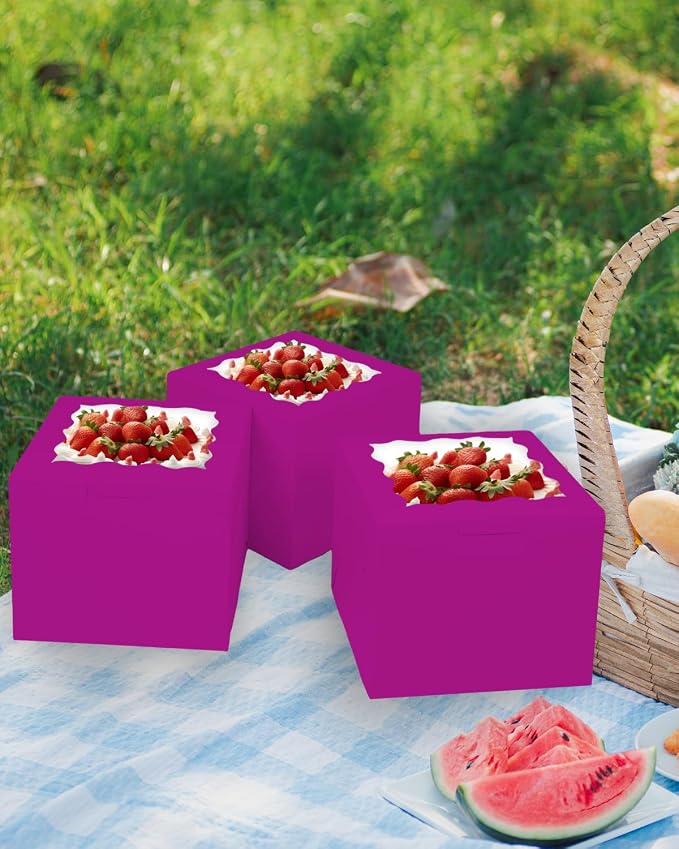 Bakepacker 36pcs 8x8x5 Inches Cake Boxes with Window 18-Packs Deep Purple 8 Inch Bakery Boxes (18 Cake Boxes +18 Cake Boards Included)