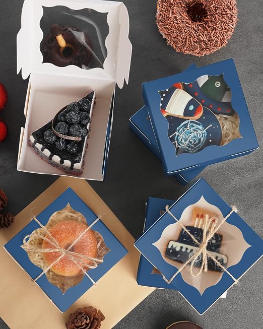 Blackish Blue Bakery Boxes with Window 4*4*2.5inch/55Packs Mini Cookie Boxes Macaron Boxes Small Donut Pastry Boxes for Party qiqee (5 Diferent Gift Include)