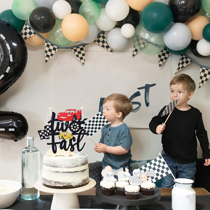 MEMOVAN Two Fast Cake Topper Race Car 2nd Cake Toppers Racing Car Birthday Cake Decoration for Racing Car Checkered Flag Themed Girl Boy 2 Years Birthday Party Decoration Double Sided