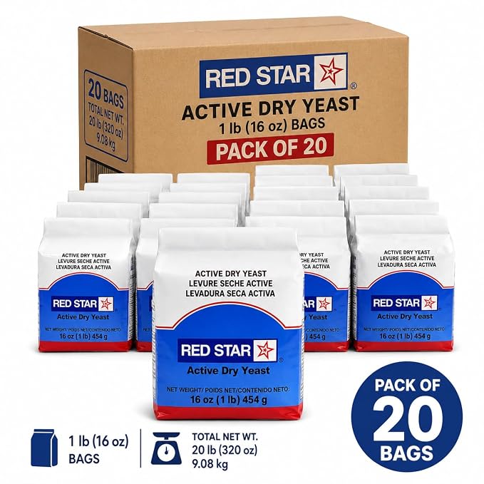 Red Star Active Dry Yeast, 16 oz (1 Pound) | 20 Pack Bulk Case | Vacuum Sealed Traditional Baker's Yeast for Bread Making, Pizza Crusts, & Commercial Kitchens | Non-GMO, Gluten-Free and Vegan