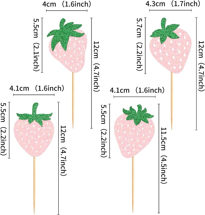 24pcs Glitter Pink Strawberry Cupcake Toppers Berry Strawberry Cupcake Picks for for Strawberry Baby Shower Kids Girls Pink Birthday Sweet Fruit Theme Party Cake Decorations