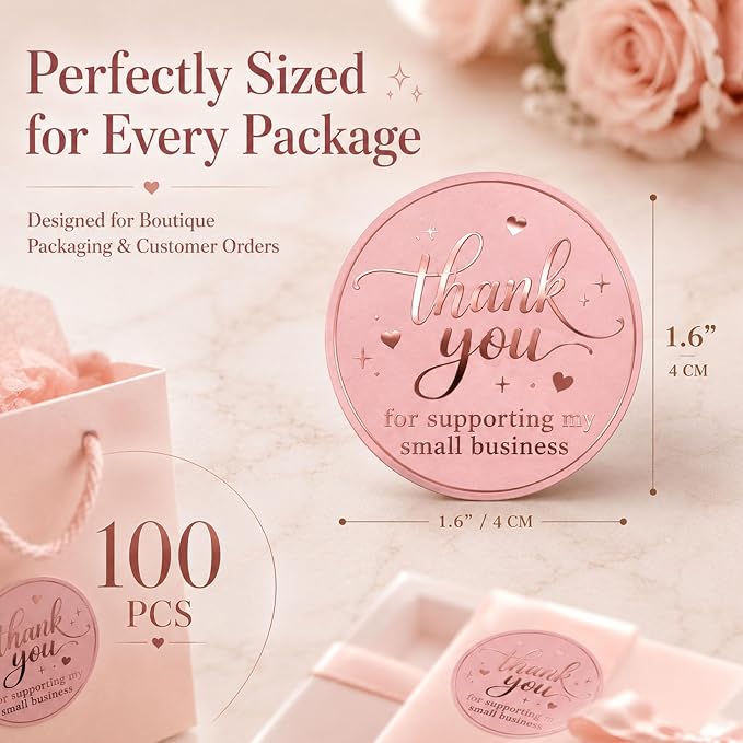 100PCS Thank You for Supporting My Small Business Stickers, Pink Rose Foil Labels for Boutique Packaging, Bakery Boxes, Dessert Treat Bags, Shipping Mailers, Handmade Sellers & Small Shops.1.6 inch