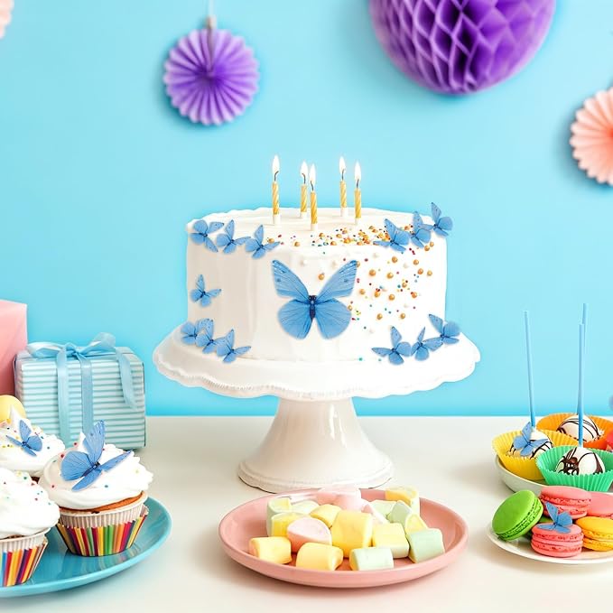 72PCS Edible Butterfly Cake Decorations Edible Butterfly Cake Topper Edibles Blue Paper Butterflies Cupcake Toppers for Wedding Spring Tea Party Flower & Butterflies Themed Birthday Baby Shower