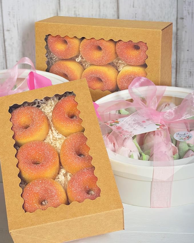 qiqee Auto-pop up 9x6x2.5 Inch Brown Cookie Box with Window 30Pcs Pastry Macaron Bakery Box For Packaging