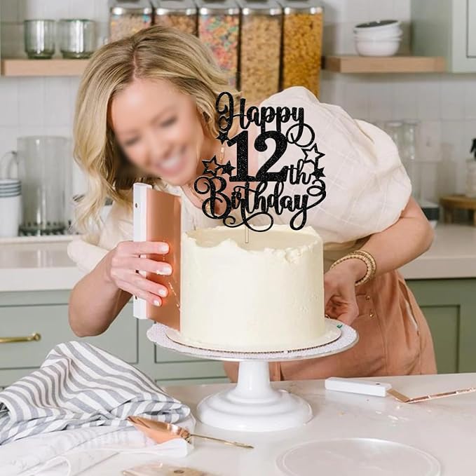 1 PCS Happy 12th Birthday Cake Topper Glitter Cheers to 12 Years Birthday Cake Pick Hello 12 Fabulous Cake Decoration for Happy 12th Birthday Anniversary Party Decorations Supplies Black