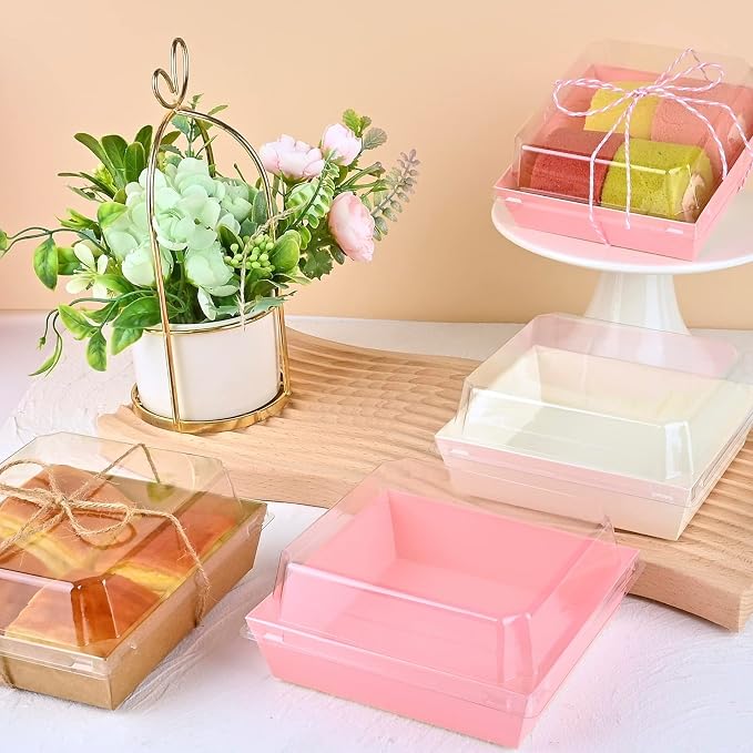 ZORRITA Paper Charcuterie Boxes with Clear Lids, 100 Pack, 5 Inch, Pink | Square To Go Dessert Containers, Small Bakery Boxes, For Cake, Cookies, Sandwich, Strawberries
