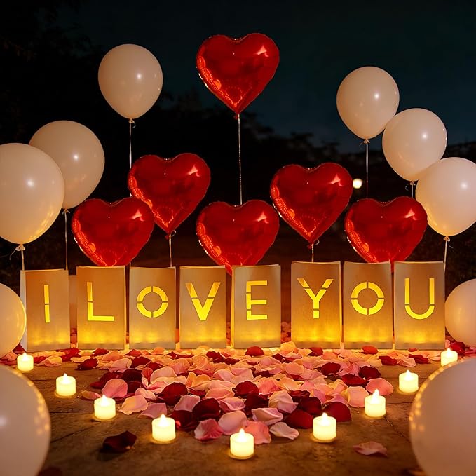 I Love You Light Up Letters, Luminary Paper Bags with LED Tea Lights Rose Petals Latex Heart Balloons for Her Valentines' Day Anniversary Wedding Proposal Decorations