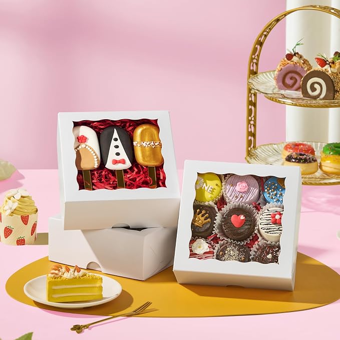 55 Pack 6"x6"x2.5" White Bakery Boxes with Window Cookie Boxes Small Cake Boxes Macaron Boxes Pie Boxes Truffle Chocolate Boxes