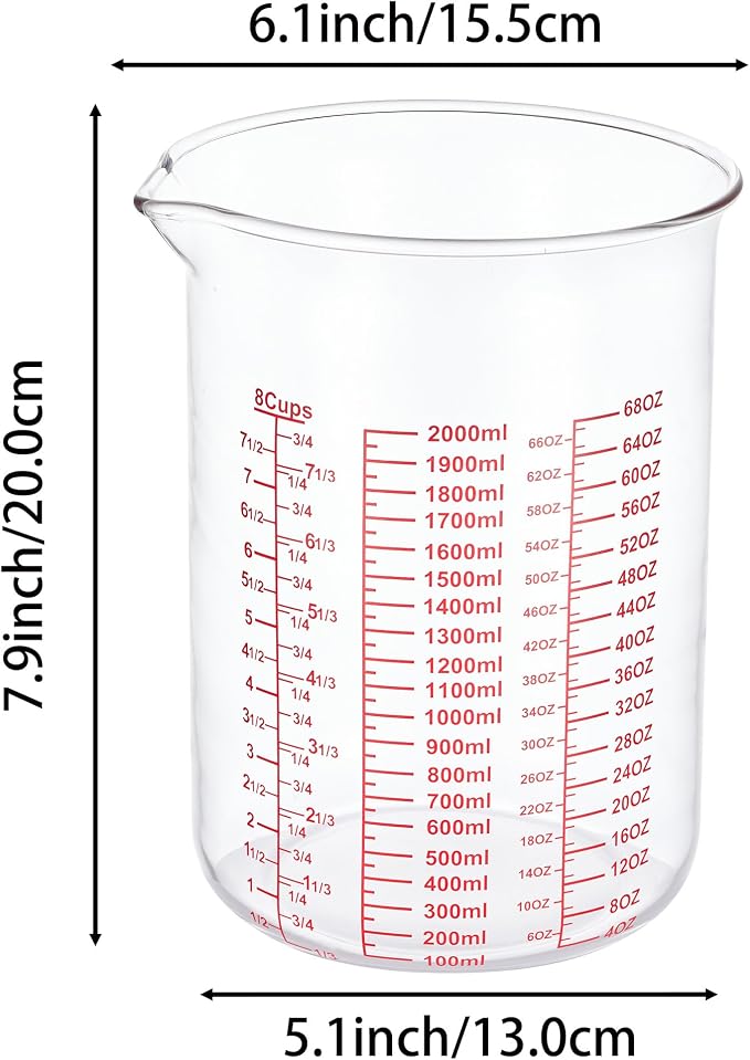 3 Piece Glass Measuring Cup Set, Includes 2-Cup, 4-Cup, and 8-Cup High Borosilicate Glasss Liquid Measuring Cups, Dishwasher, Freezer, Microwave, and Preheated Oven Safe, Essential Kitchen Tools