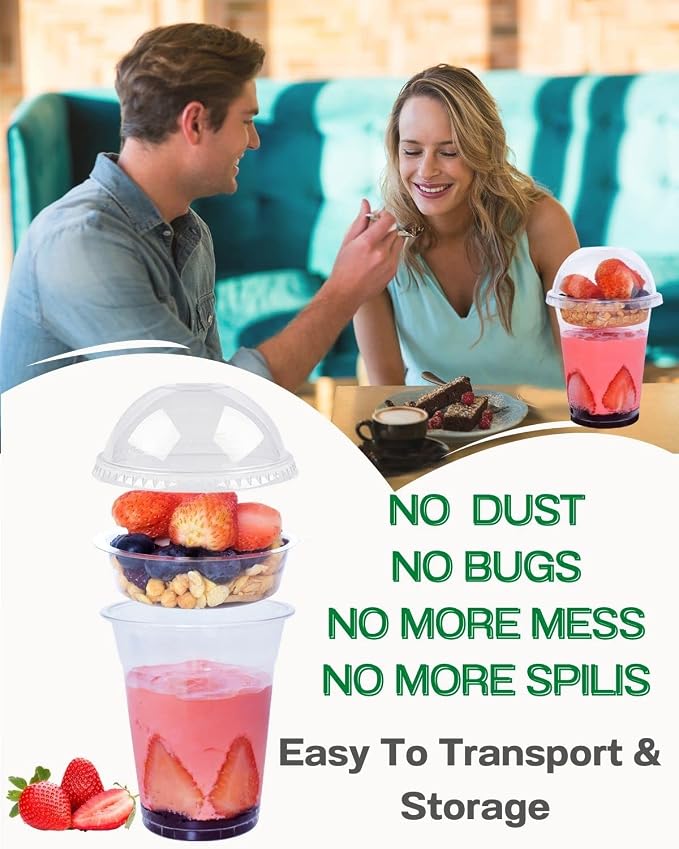 50 Sets 12 oz Clear Plastic Cups with Insert & Dome Lids(NO HOLE) - Disposable Parfait Cups with Lids for Fruit Yogurt Smoothie Iced Cold Drinks Dips and Veggies, No Leaking