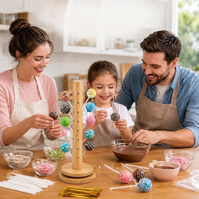 2Pack Wooden Cake Pop Stand Kit with 360° Spinning Base, 49Hole Lollipop Holder with Cake Ball Scoop, 100 Paper Sticks, 100 Clear Treat Bags and 100 Twist Ties, Easy Twist Assembly for Parties
