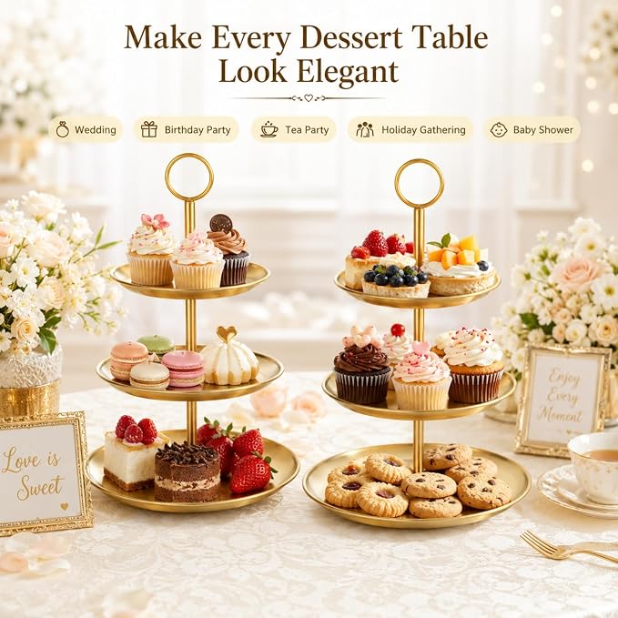 YOUNTHYE 2PCS Gold Cupcake Stand, 3 Tiered Stainless Steel Dessert Stand, Gold Cake Stand Display Trays for Wedding, Birthday, Tea Party, Holiday Dessert Table Decorations