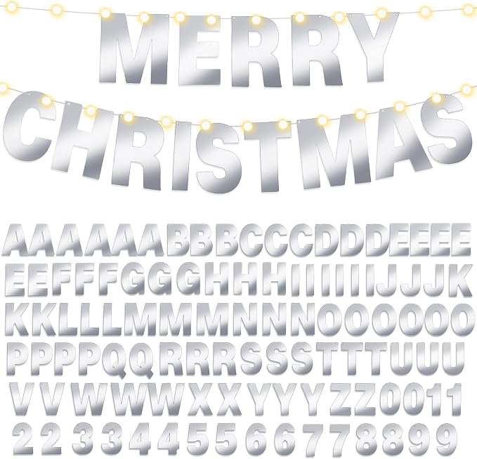 TaoBary 112 Pcs DIY Letter Kit Glitter Customizable Banner Letters Include 107 Letters and Numbers 3 Rope and 2 Needles for Birthday Halloween Christmas Wedding Valentine Party Decor(Glossy Silver)