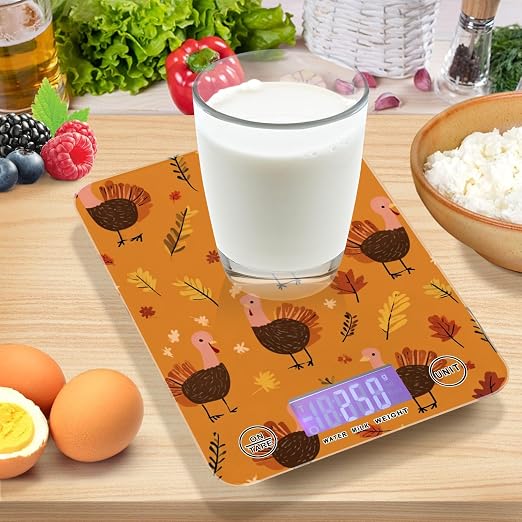 Food Scale Kitchen Scale for Baking Cooking Digital Food Weighing Measuring Scale Small Waterproof Electric Food Scale Orange Thanksgiving Turkeys and Autumn Leaves