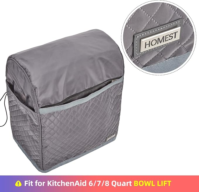 HOMEST Stand Mixer Quilted Dust Cover with Pockets Compatible with KitchenAid 6/7/8 Quart Bowl Lift, Grey (Patent Design)