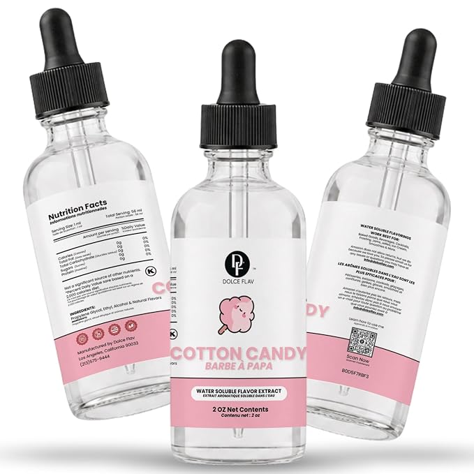 Dolce Flav Natural Cotton Candy Extract – 2 Ounce Water-Soluble Kosher, Sugar-Free, Concentrated Carnival-Style Flavoring for Baking, Frostings & Drinks, Includes Measured Dropper