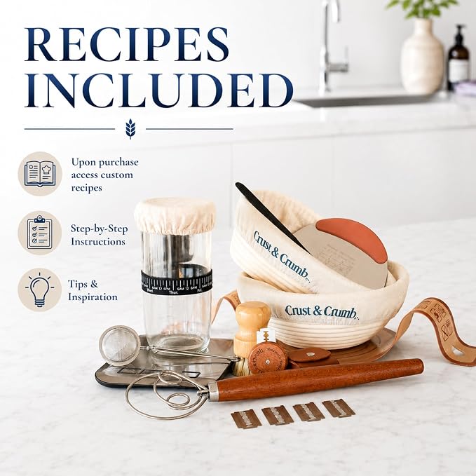 Complete Sourdough Starter Kit, 2 Bannteon Bread Proofing Baskets 9" & 10", UFO Bread Lame, Food Scale, Starter Jar, Silicone Baking Mat, Stainless Steel Dough Scraper and Flour Sifter, Recipes