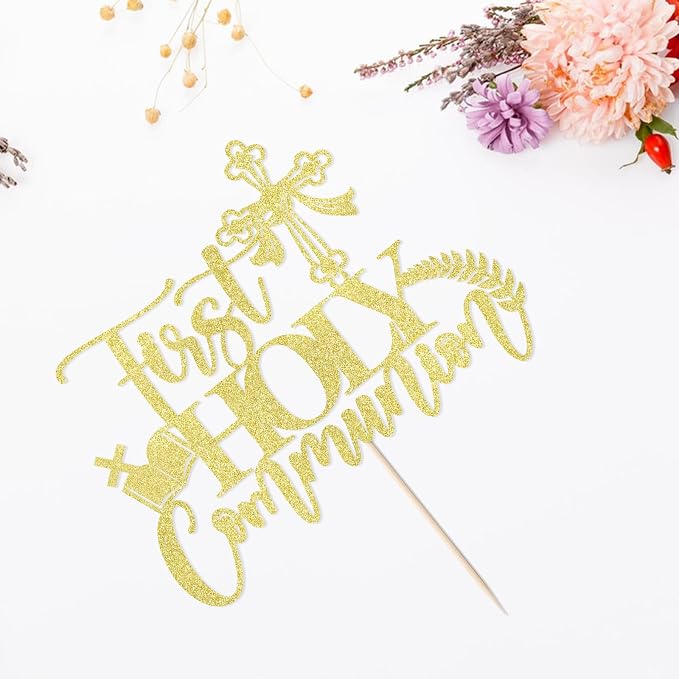 Gold glitter First Holy Communion Cake Topper-Suitable for Ramadan, Baptism, Religious Baptism,Baby Shower, God Bless, Communion Party, Wedding, Communion Party Decoration Supplies