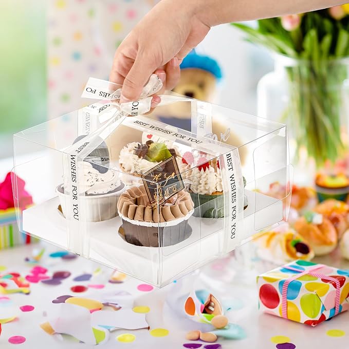 Cedilis 20 Pack Clear Cupcake Boxes with Gift Ribbon, 4 Count Plastic Cupcake Containers, Cupcake Carrier Holder for Treat Dessert Cookies Muffins Pastry Baby Shower Party