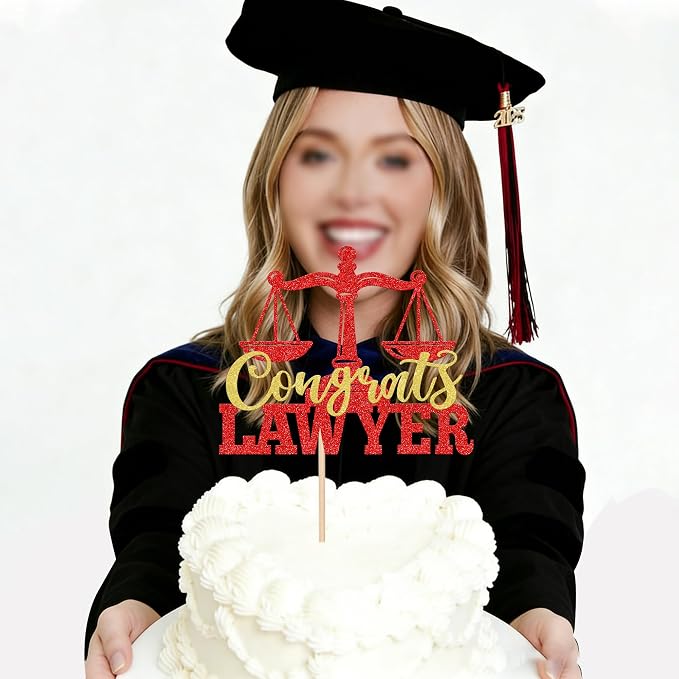 1 Pack Congrats Lawyer Cake Topper Glitter Class of 2026 Law School Survivor Cake Pick 2026 Graduation Cake Decorations for 2026 Lawyer Graduation Party Supplies Red Gold