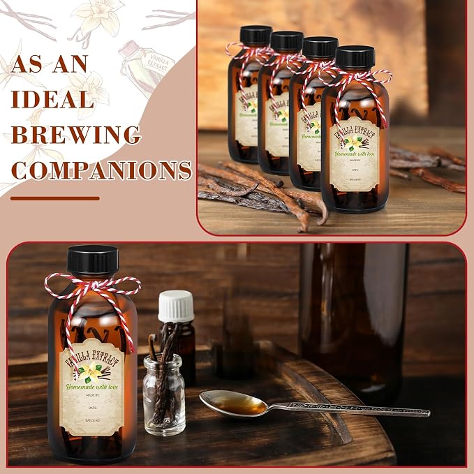 Uiifan 8 Pcs Vanilla Extract Bottles Boston Round with Caps Glass Bottle and 8 Pcs Vanilla Extract Labels Stickers for Syrup Gift Glass Food Storage Canister Set Sauce Beans(8 oz)