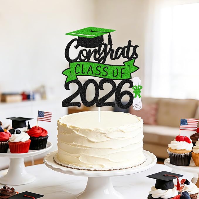 Congrats Class of 2026 Cake Topper Congrats Grad Cap Diploma We Are Proud of You Theme for College Happy Graduation Party Supplies High School Graduate Decoration (Black and Green)