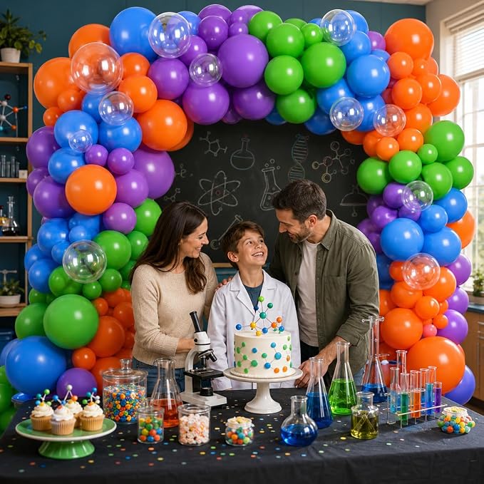 Science Balloon Arch Kit, 122Pcs Purple Dark Blue Green Orange Transparent Colorful Balloons for Boys Science Birthday Party Lab Scientist Lab Classroom Decorations