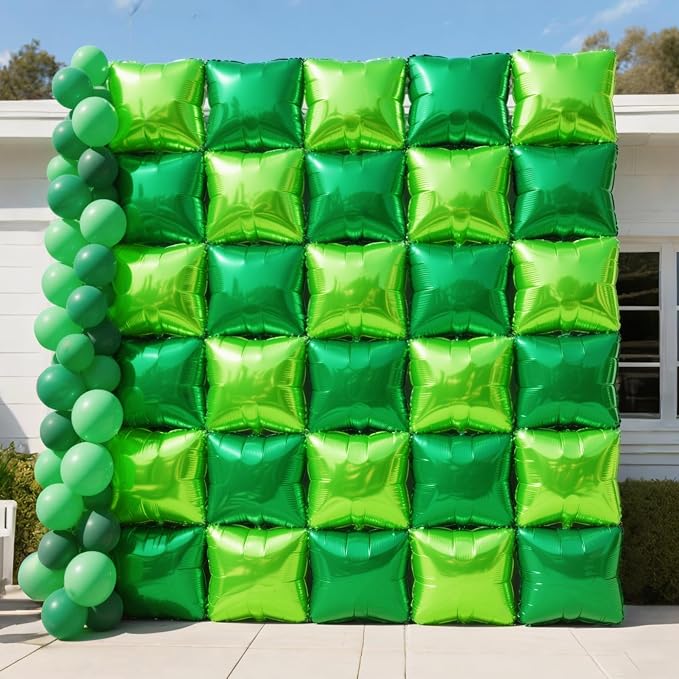 NISOCY 25PCS Dark green and Light Green Square Foil Balloons Wall Backdrop Double Sided Green Balloons Arch Kit for Birthday Baby Shower St. Patrick's Day Spring Summer Jungle Theme Party Decorations