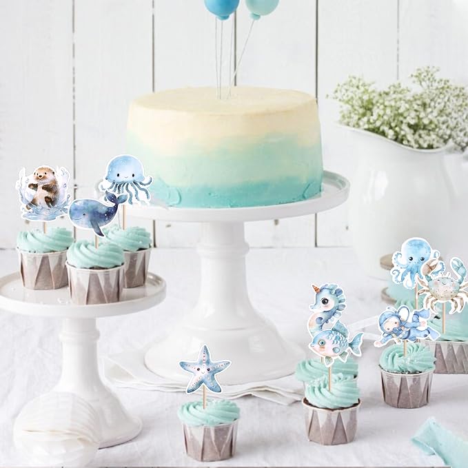 40 PCS Ocean Sea Animal Cupcake Toppers Shark Dolphin Starfish Octopus Seahorse Cupcake Picks Under the Sea Baby Shower Decorations for Under the Sea Theme Birthday Party Cake Decoration Supplies