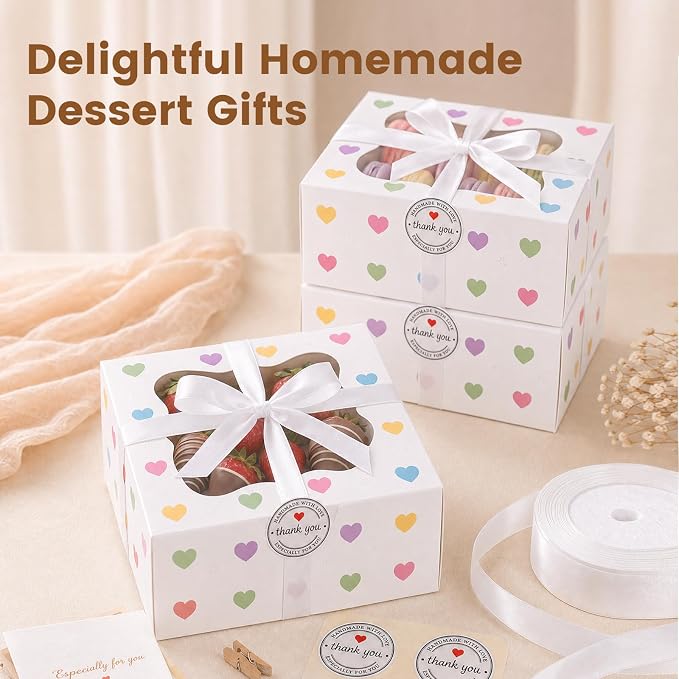 OAMCEG 50 Pack Cookie Boxes with Window, 6x6x3 Inch White Bakery Boxes for Desserts, Donuts,Cookies, Heart-shape Take-out Treat Boxes for Party & Wedding, Gifts