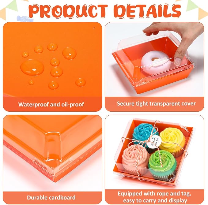 Outus 100 Pack Charcuterie Boxes with Clear Lids, 5.5 x 5.1 '' Paper Dessert Boxes to Go with Gift Tags Rope Disposable Food Containers Cookies Donuts Muffins Salad Pastry Halloween Fall Party Treat