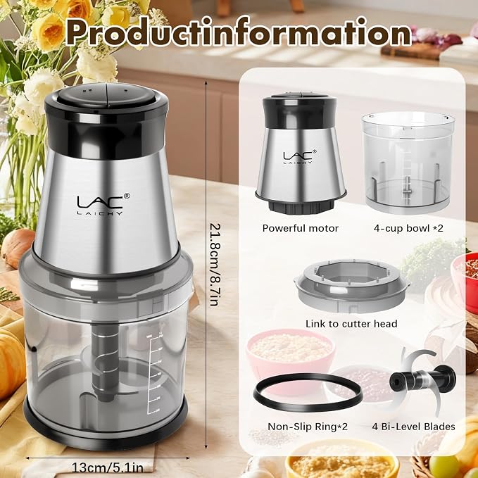 Mini Small Food Processor 4 Cup,Meat Grinder with 2 Bowls,Electric Food Chopper,Powerful Motor 2 Speed & 4 Blades for Baby Food,Meat,Onion,Vegetables