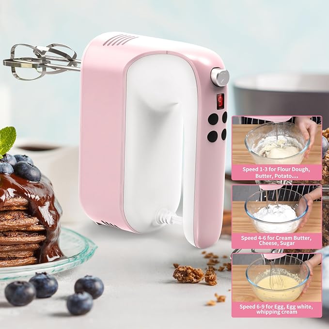 Yomelo 9-Speed Digital Hand Mixer Electric, 400W Powerful DC Motor, Hand Mixer Electric Handheld with Snap-On Storage Case, 5 Stainless Steel Accessories, Beaters, Dough Hooks, Whisk(Pink/White)