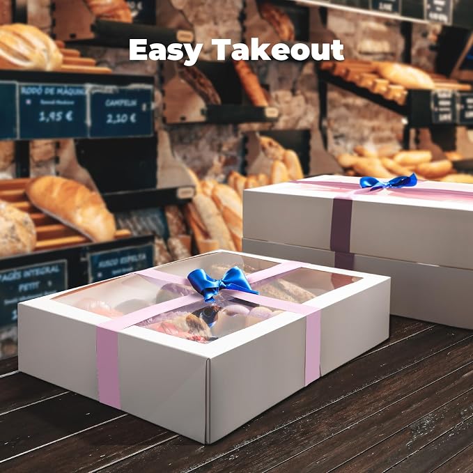 Fit Meal Prep 18 Pack 19 x 14 x 4 Inches Cake Boxes with Window, Pop-up Large Pastry Boxes, White Bakery Boxes for Pies, Donuts, Cupcakes, Perfect for Cafes, Homemade Baked Gifts