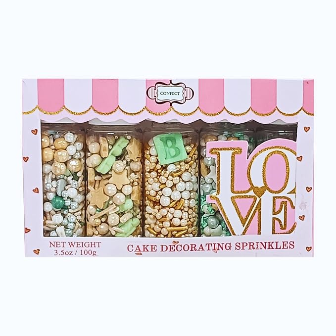 Confect Neutral Baby Shower Sprinkles | Gender Reveal Sprinkles | Birthday Assorted Pack Of 5 Mix Edible Heart, Teddy Bear & Gold Baby Feet Sprinkle | Vegan, Gluten-Free, Nut-Free, Soy-Free, Dairy-Free, Palm Oil-Free - 5 Oz