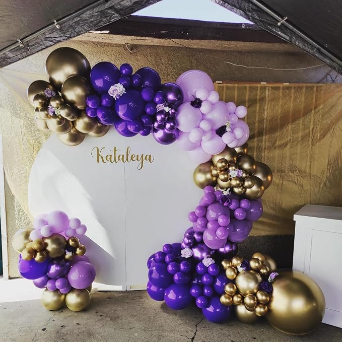 Purple and Gold Balloons Garland Arch Kit - 5 10 12 18 inch Different Size Purple Dark Purple Metallic Gold Balloons for Birthday Baby Shower Anniversary Adults Prom Luxury Party Decorations
