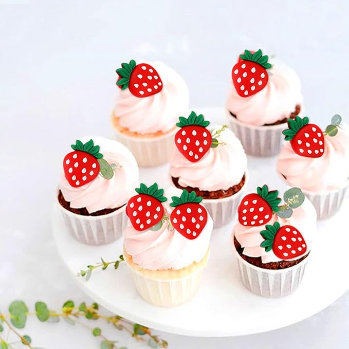 25Pcs Artificial Strawberry Cupcake Toppers 2D Red Strawberries Cupcake Picks Table Decorations for Strawberry Baby Shower Kids Boys Girls Birthday Sweet Fruit Bridal Shower Wedding Party Decorations